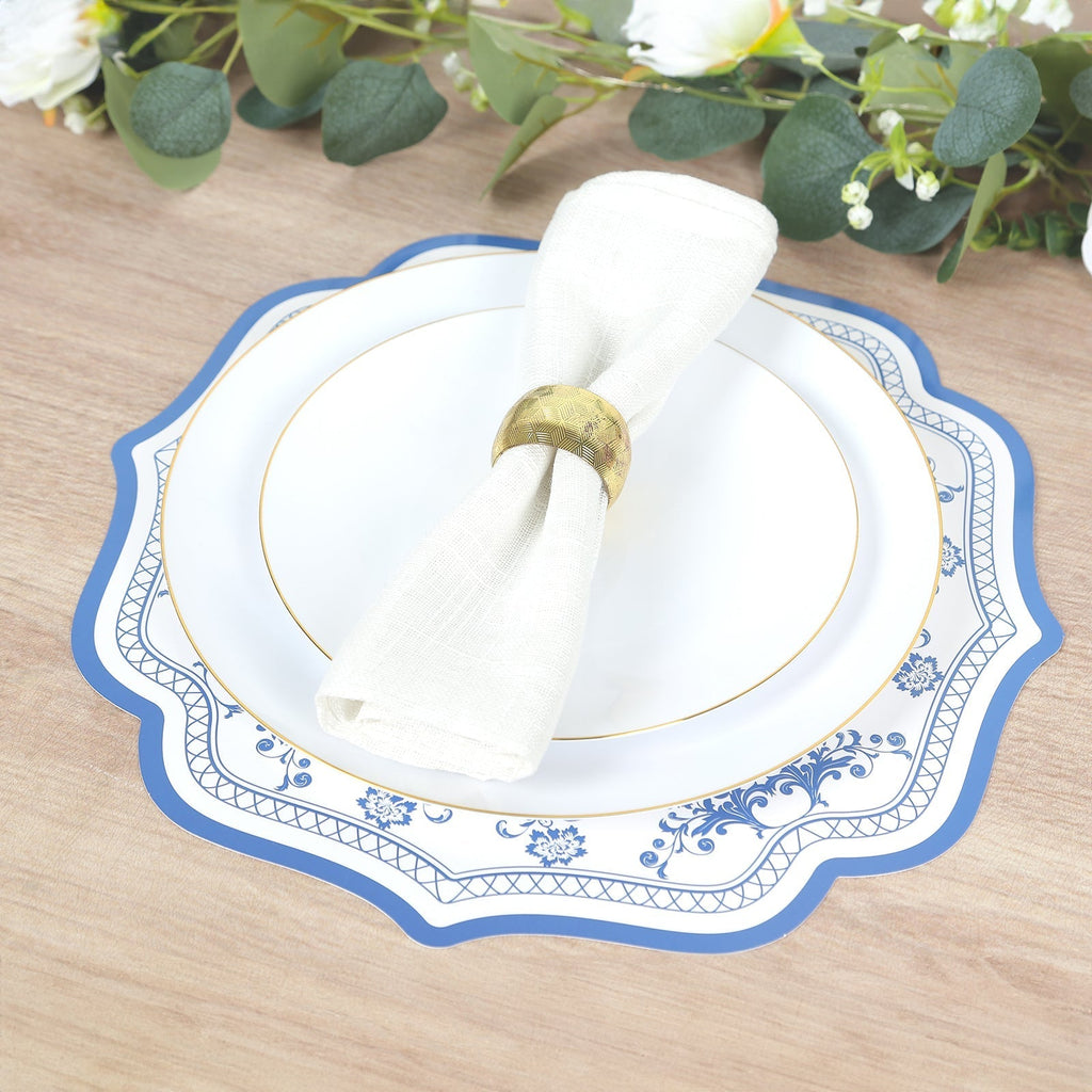10 Pack Cardboard Paper Table Mats with White Royal Blue Damask Floral Pattern, 13" Round Disposable Placemats with Scalloped Rim - 400 GSM - Bell Racket Store