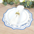 10 Pack Cardboard Paper Table Mats with White Royal Blue Damask Floral Pattern, 13" Round Disposable Placemats with Scalloped Rim - 400 GSM - Bell Racket Store