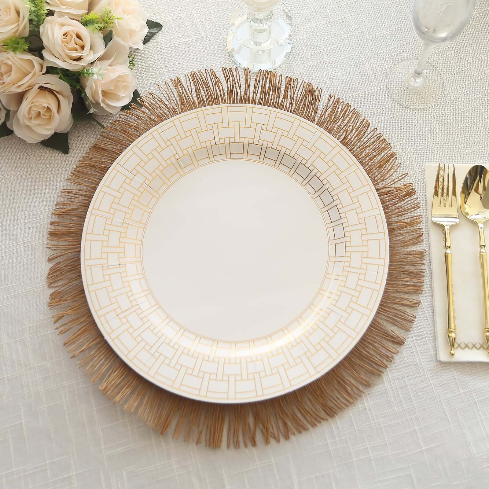 10 - Pack Cardstock Paper Charger Plates in White with Gold Basketweave Pattern Rim - 650GSM Cardboard Placemats for Weddings & Banquets 13" - Bell Racket Store