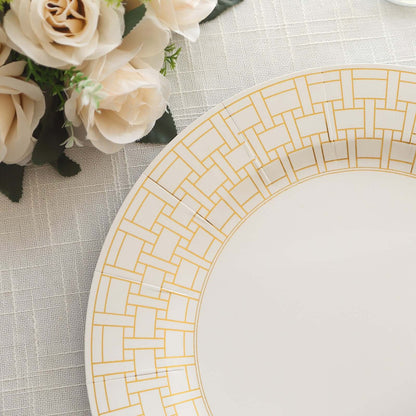 10 - Pack Cardstock Paper Charger Plates in White with Gold Basketweave Pattern Rim - 650GSM Cardboard Placemats for Weddings & Banquets 13" - Bell Racket Store