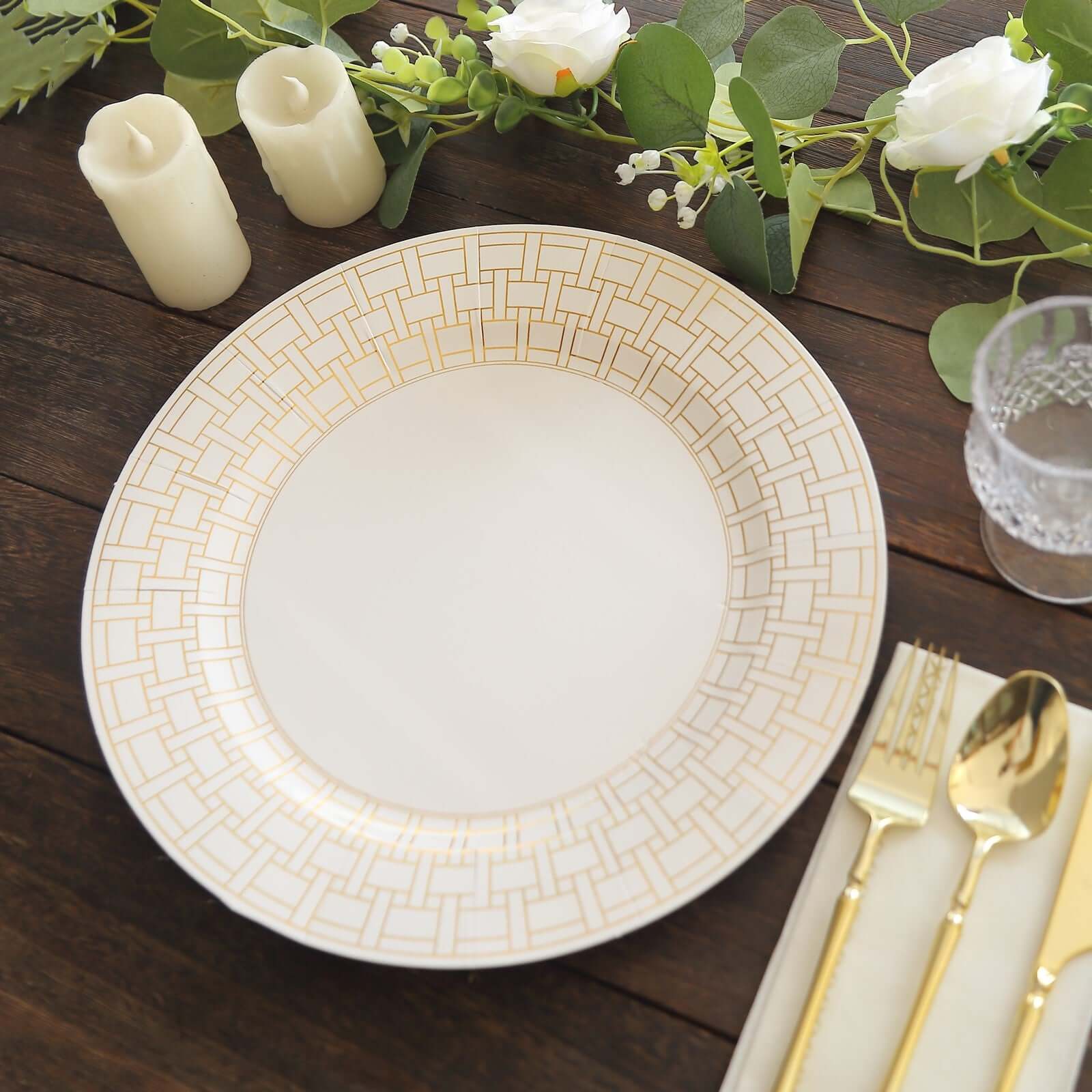 10 - Pack Cardstock Paper Charger Plates in White with Gold Basketweave Pattern Rim - 650GSM Cardboard Placemats for Weddings & Banquets 13" - Bell Racket Store