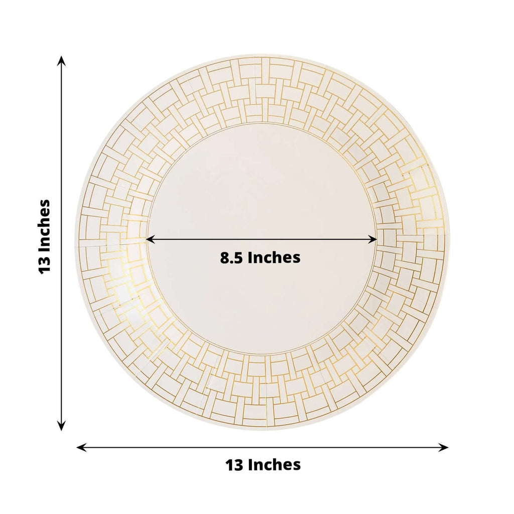 10 - Pack Cardstock Paper Charger Plates in White with Gold Basketweave Pattern Rim - 650GSM Cardboard Placemats for Weddings & Banquets 13" - Bell Racket Store