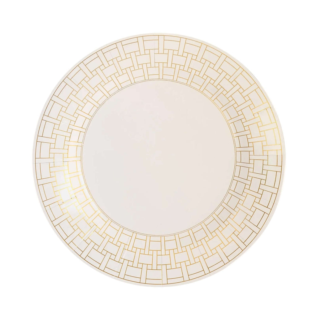 10 - Pack Cardstock Paper Charger Plates in White with Gold Basketweave Pattern Rim - 650GSM Cardboard Placemats for Weddings & Banquets 13" - Bell Racket Store