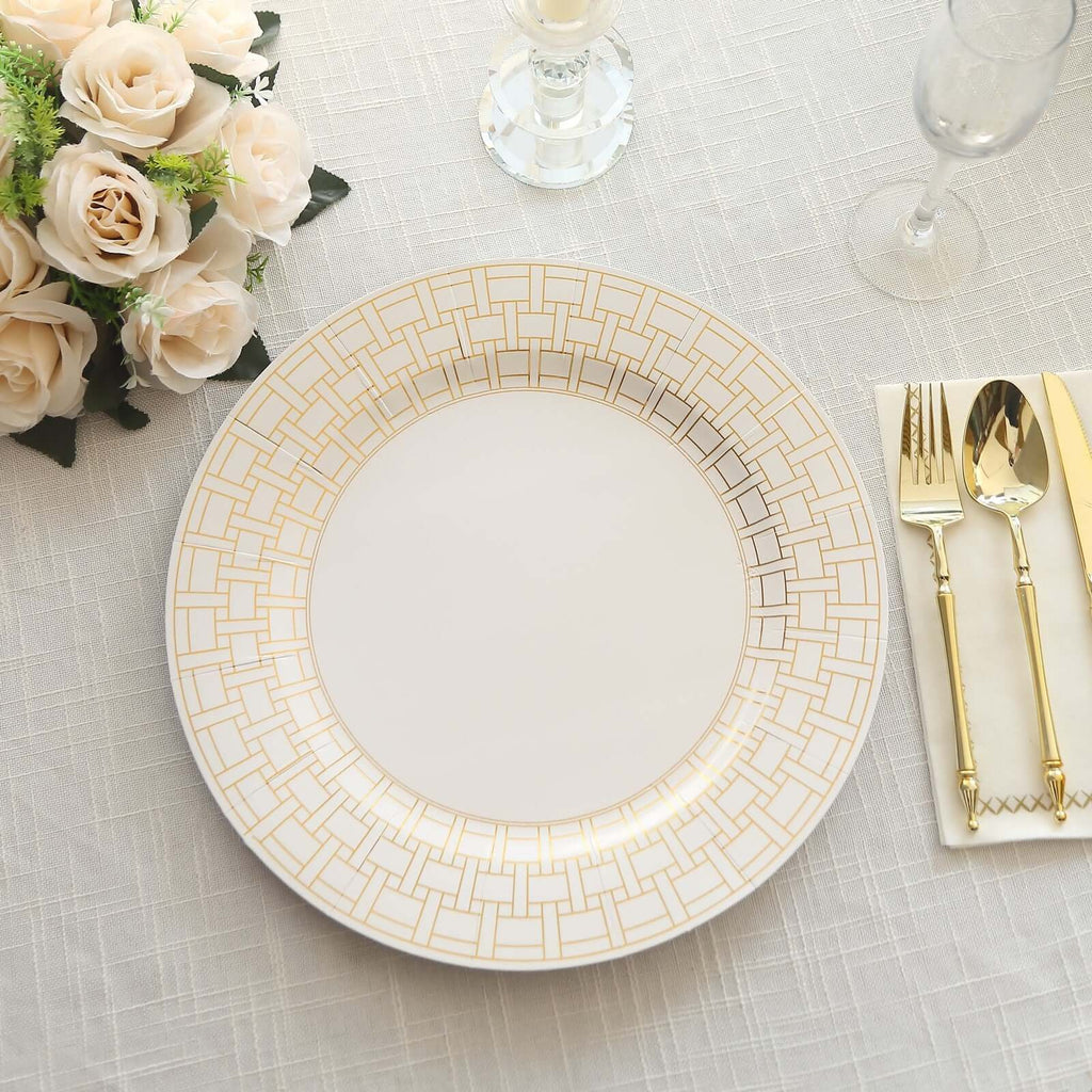 10 - Pack Cardstock Paper Charger Plates in White with Gold Basketweave Pattern Rim - 650GSM Cardboard Placemats for Weddings & Banquets 13" - Bell Racket Store