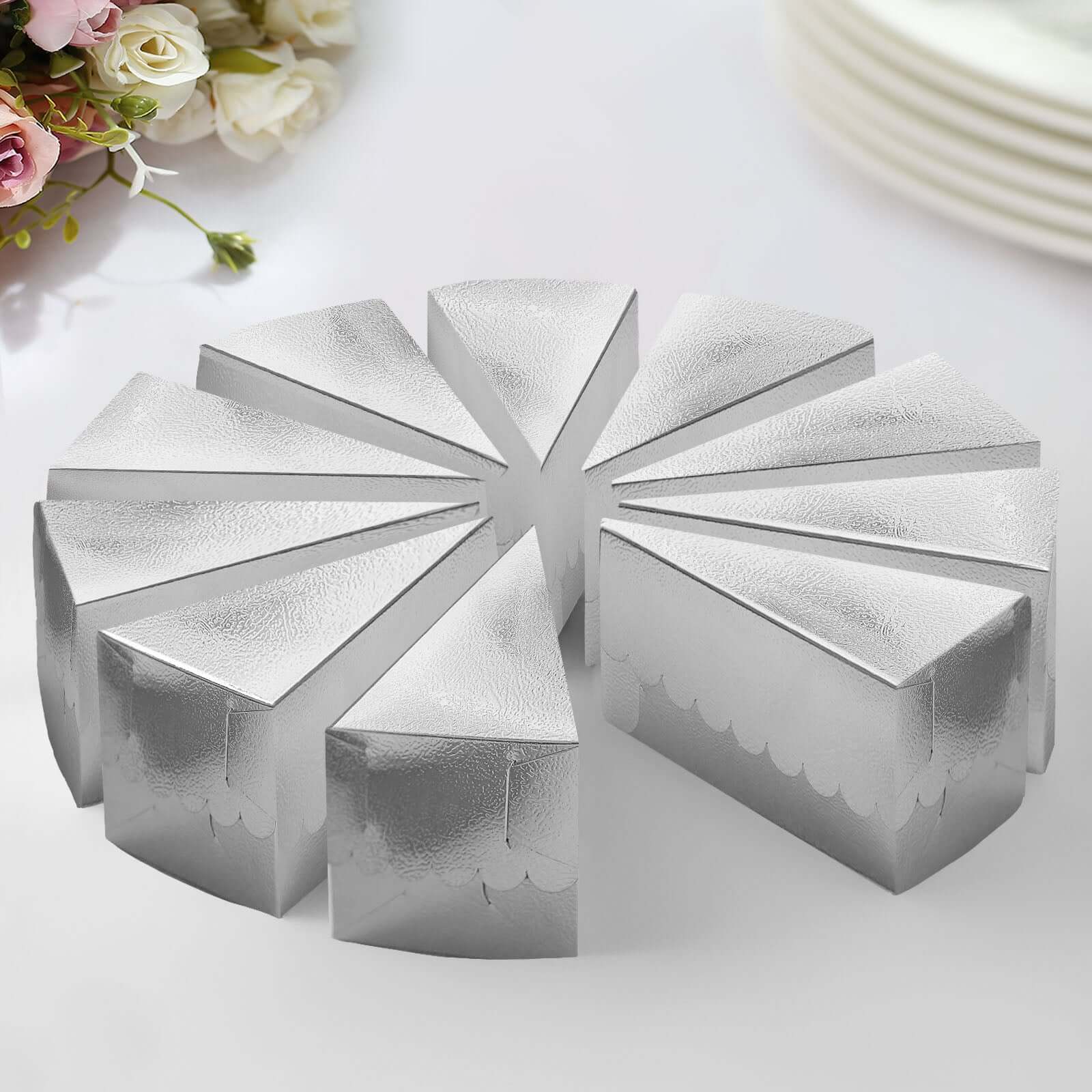 10 - Pack Cardstock Triangle Cake Slice Boxes Metallic Silver with Scalloped Top - Decorative Takeaway Dessert Containers for Pie Snacks & Party Favors 5"x3" - Bell Racket Store