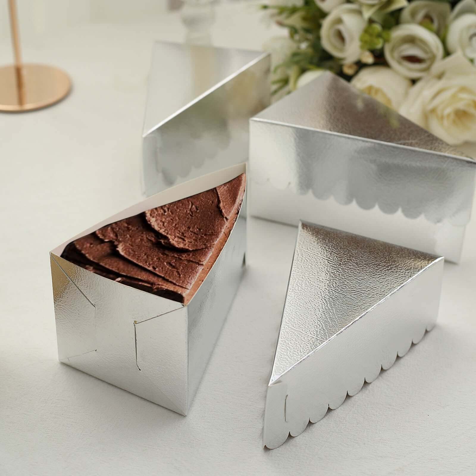 10 - Pack Cardstock Triangle Cake Slice Boxes Metallic Silver with Scalloped Top - Decorative Takeaway Dessert Containers for Pie Snacks & Party Favors 5"x3" - Bell Racket Store