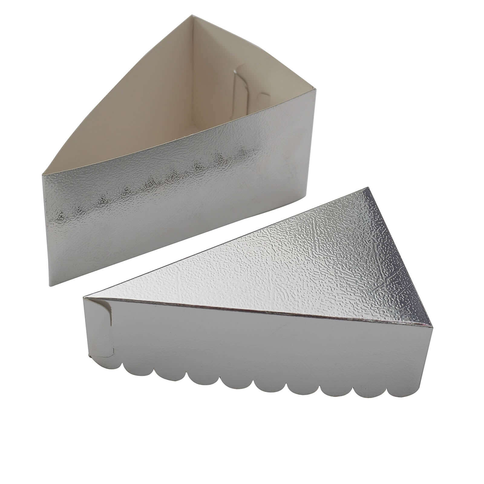 10 - Pack Cardstock Triangle Cake Slice Boxes Metallic Silver with Scalloped Top - Decorative Takeaway Dessert Containers for Pie Snacks & Party Favors 5"x3" - Bell Racket Store