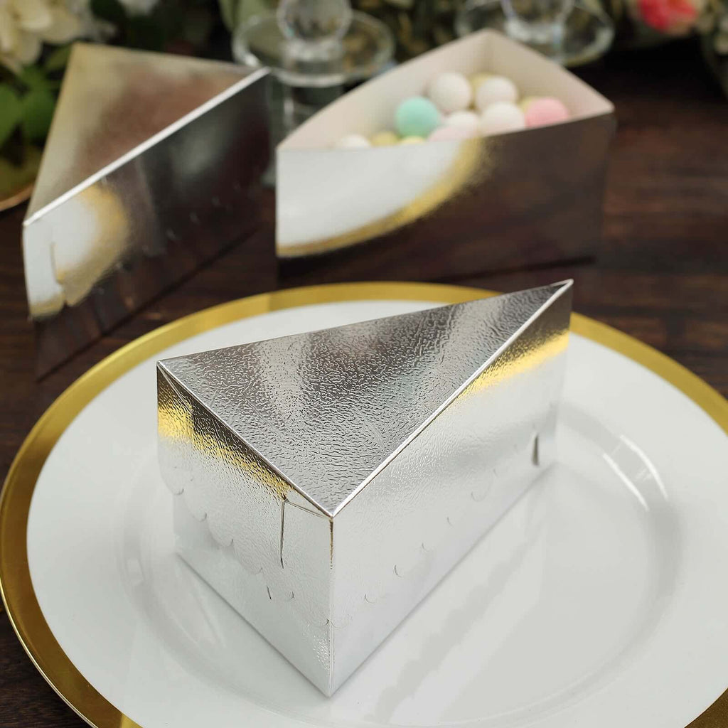 10 - Pack Cardstock Triangle Cake Slice Boxes Metallic Silver with Scalloped Top - Decorative Takeaway Dessert Containers for Pie Snacks & Party Favors 5"x3" - Bell Racket Store