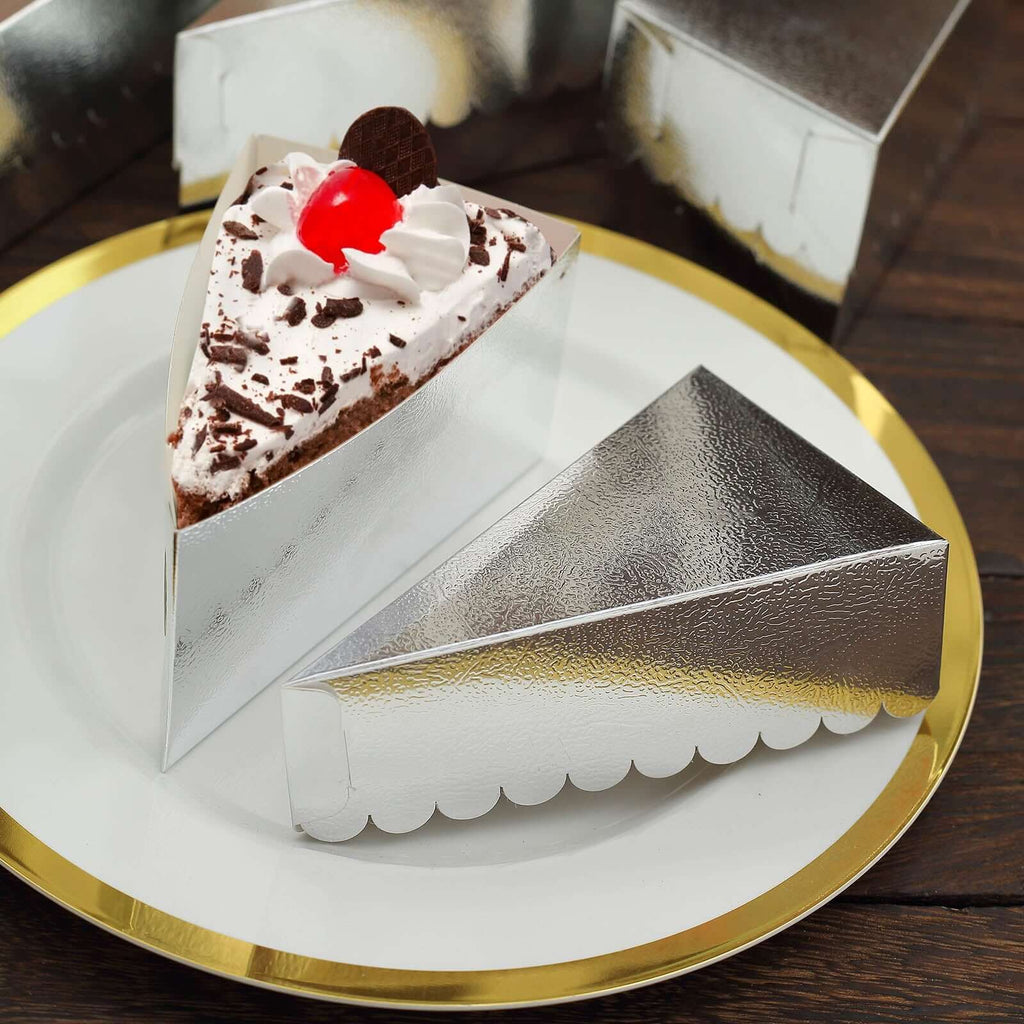 10 - Pack Cardstock Triangle Cake Slice Boxes Metallic Silver with Scalloped Top - Decorative Takeaway Dessert Containers for Pie Snacks & Party Favors 5"x3" - Bell Racket Store