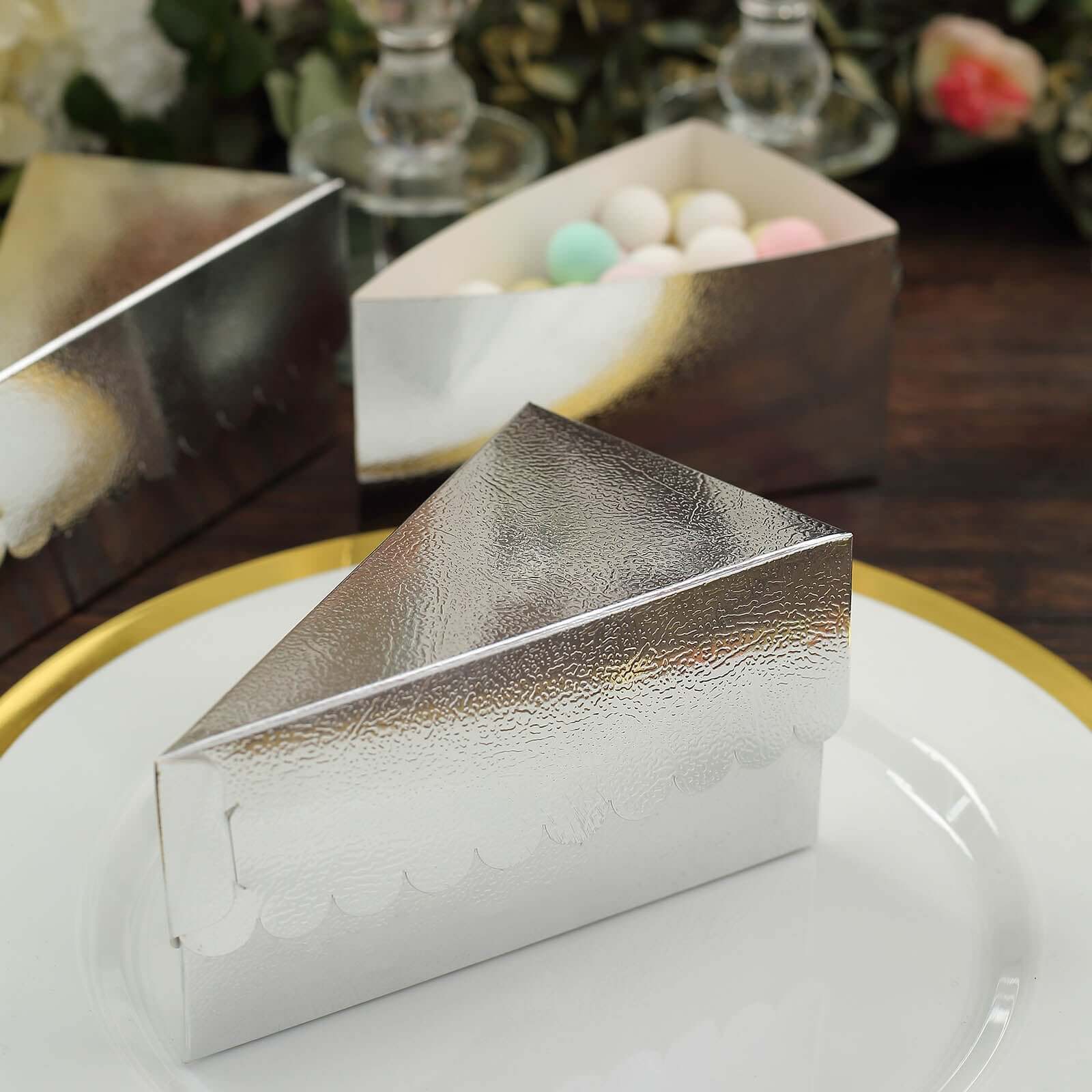 10 - Pack Cardstock Triangle Cake Slice Boxes Metallic Silver with Scalloped Top - Decorative Takeaway Dessert Containers for Pie Snacks & Party Favors 5"x3" - Bell Racket Store