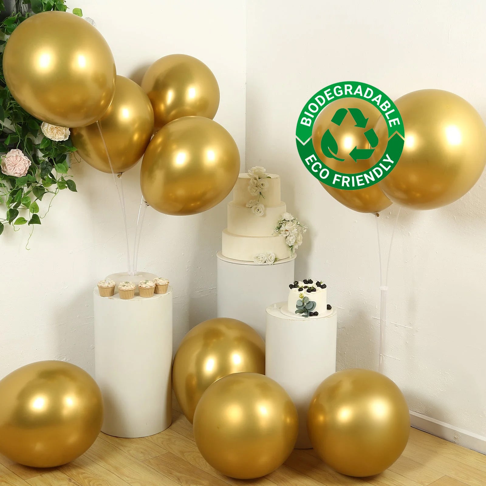 10 Pack Chrome Gold Biodegradable Latex Balloons 18", Thick Eco Friendly Metallic Party Balloons - Bell Racket Store