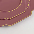 10-Pack Plastic Dessert Appetizer Plates in Cinnamon Rose Baroque Design with Scalloped Gold Rim - Heavy Duty Disposable Salad Plates 8"