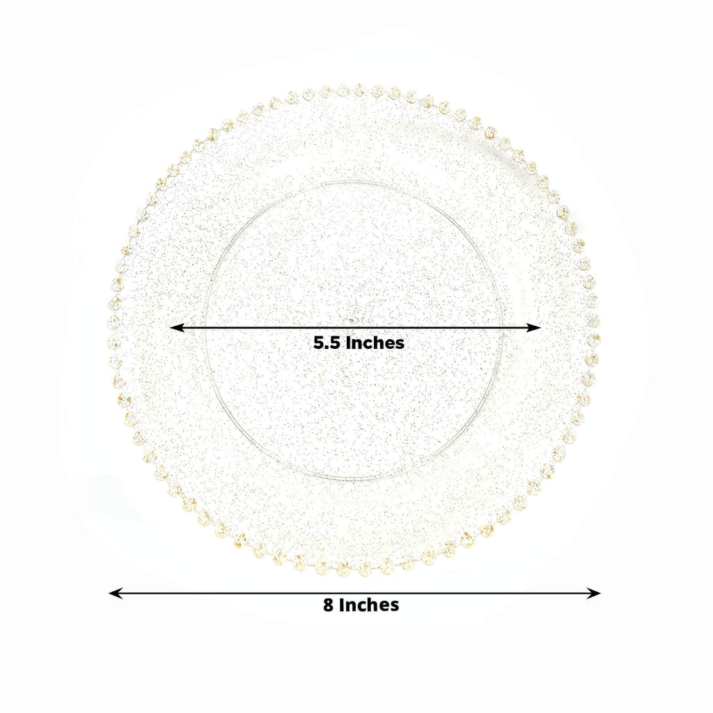 10 - Pack Clear Gold Glittered Plastic Dessert Plates â€“ 8" Round with Beaded Rim, Disposable for Parties & Events - Bell Racket Store