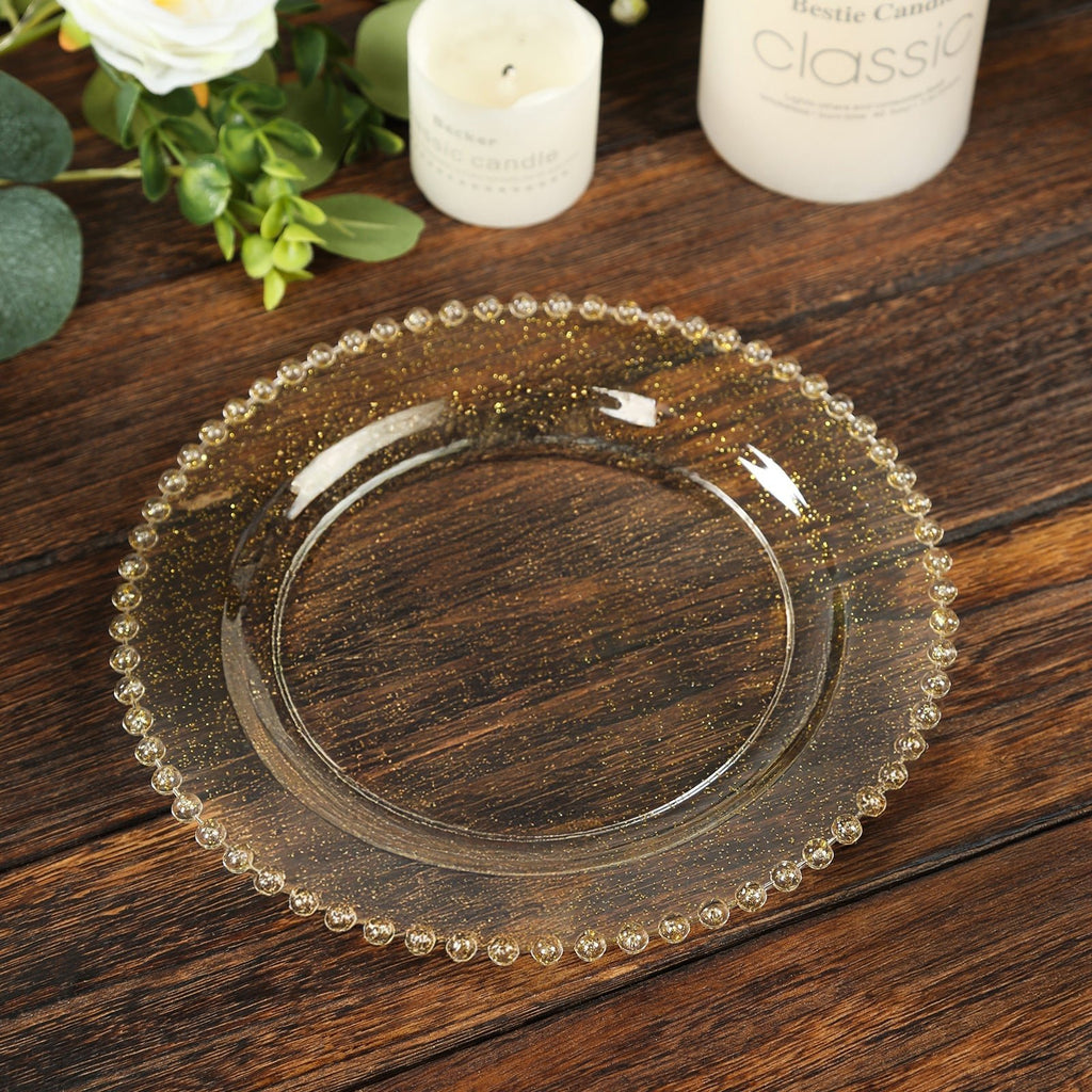 10 - Pack Clear Gold Glittered Plastic Dessert Plates â€“ 8" Round with Beaded Rim, Disposable for Parties & Events - Bell Racket Store