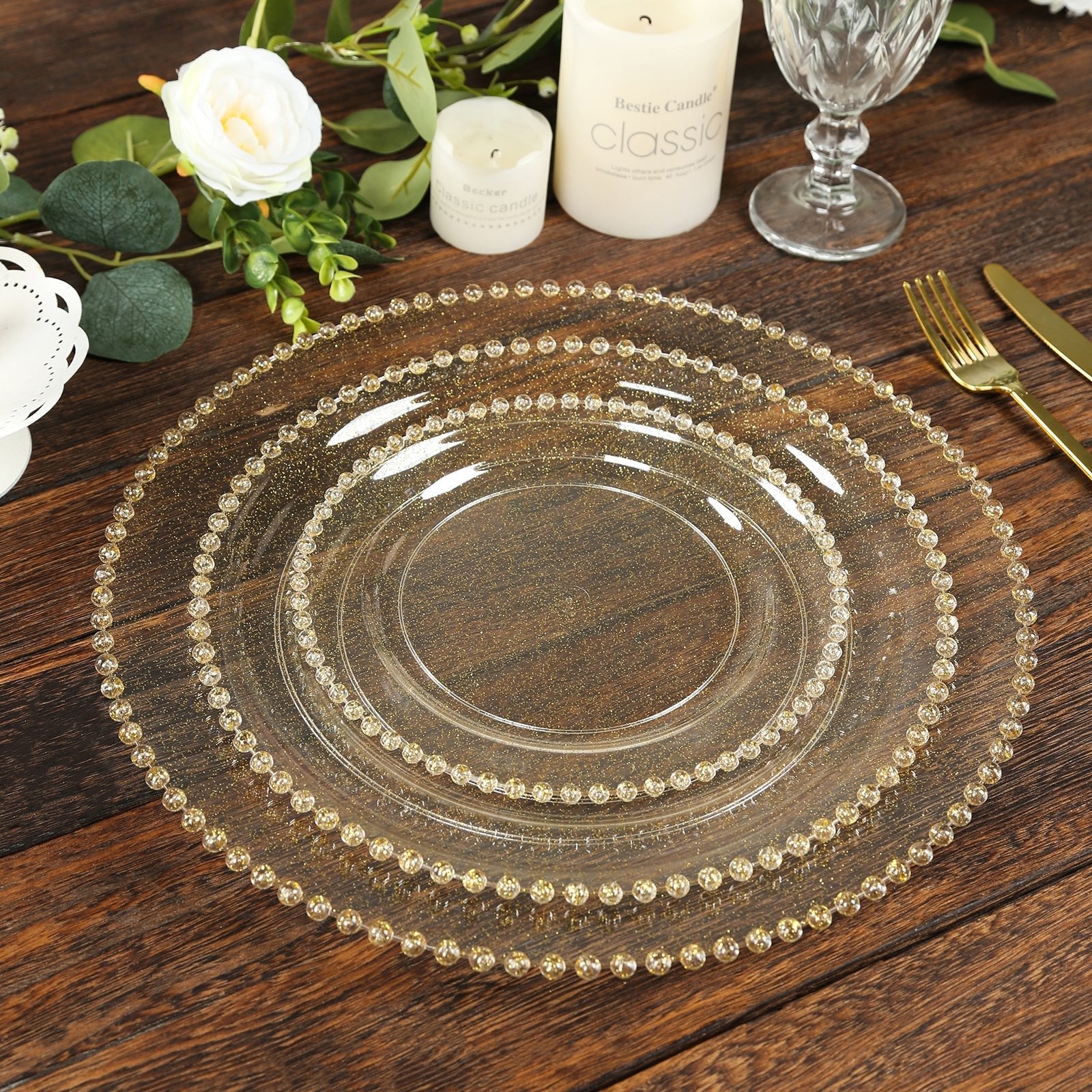 10 - Pack Clear Gold Glittered Plastic Dessert Plates â€“ 8" Round with Beaded Rim, Disposable for Parties & Events - Bell Racket Store
