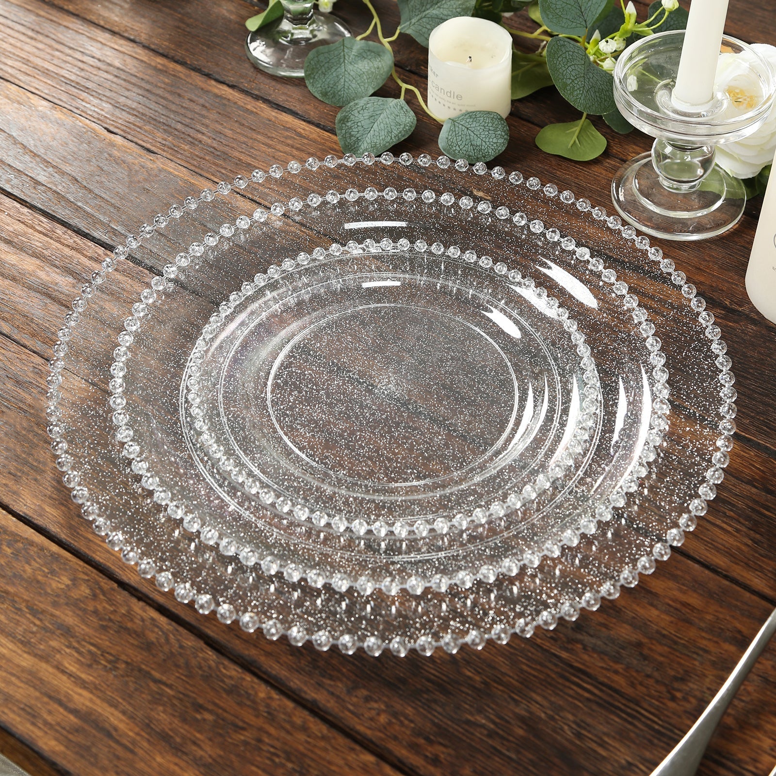10 - Pack Clear Silver Glittered Plastic Dessert Plates â€“ 8" Round with Beaded Rim, Disposable for Parties & Events - Bell Racket Store