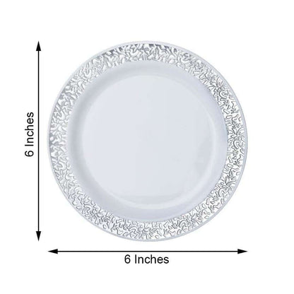 10 - Pack Dessert Plates Lace Rim Design White with Silver - Plastic Disposable Appetizer Plates for Events 6" - NestOCart