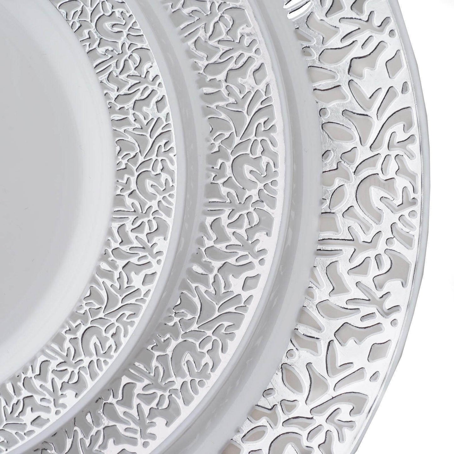 10 - Pack Dessert Plates Lace Rim Design White with Silver - Plastic Disposable Appetizer Plates for Events 6" - NestOCart