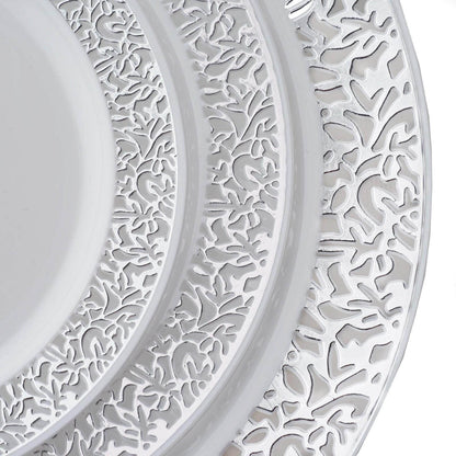 10 - Pack Dessert Plates Lace Rim Design White with Silver - Plastic Disposable Appetizer Plates for Events 6" - NestOCart
