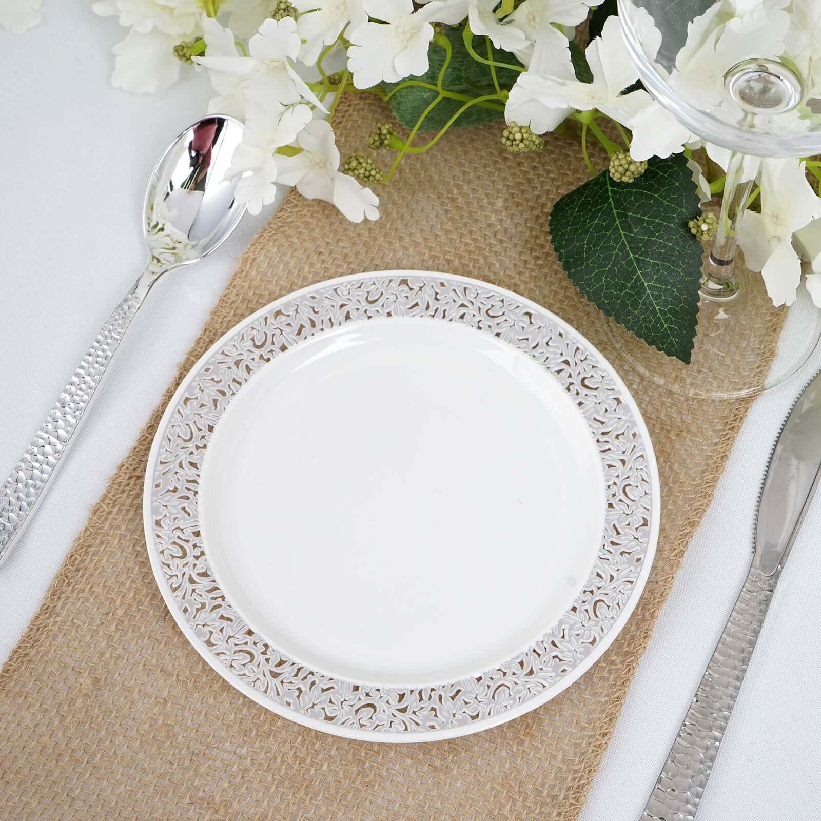 10 - Pack Dessert Plates Lace Rim Design White with Silver - Plastic Disposable Appetizer Plates for Events 6" - NestOCart