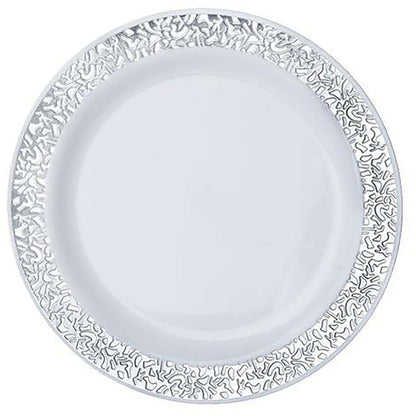 10 - Pack Dessert Plates Lace Rim Design White with Silver - Plastic Disposable Appetizer Plates for Events 6" - NestOCart