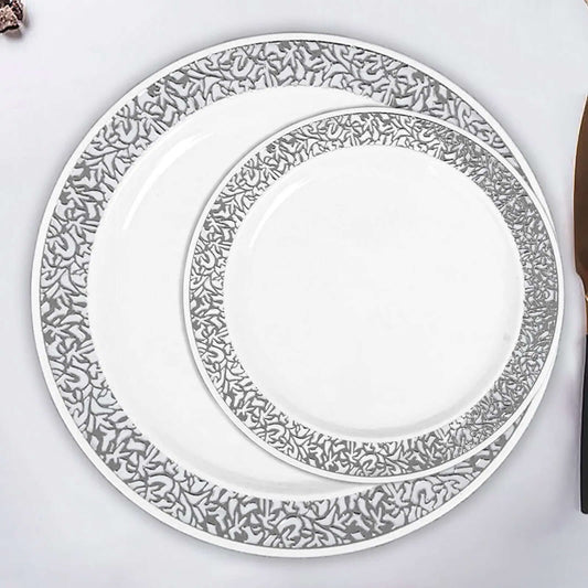 10 - Pack Dessert Plates Lace Rim Design White with Silver - Plastic Disposable Appetizer Plates for Events 6" - NestOCart