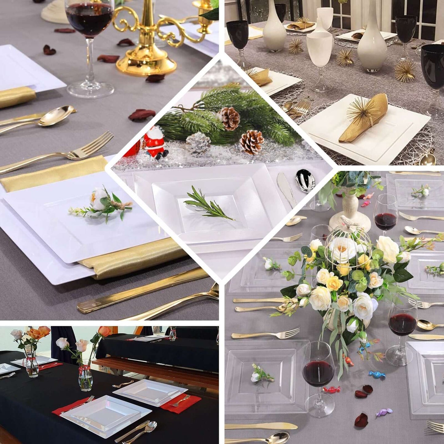 10 - Pack Dessert Plates Square Design with Wide Rim Glossy Clear - Plastic Disposable Plates for Events 6" - NestOCart