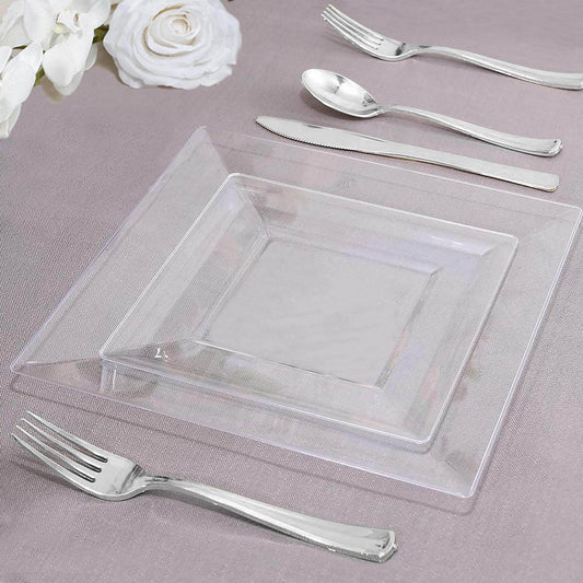 10 - Pack Dessert Plates Square Design with Wide Rim Glossy Clear - Plastic Disposable Plates for Events 6" - NestOCart