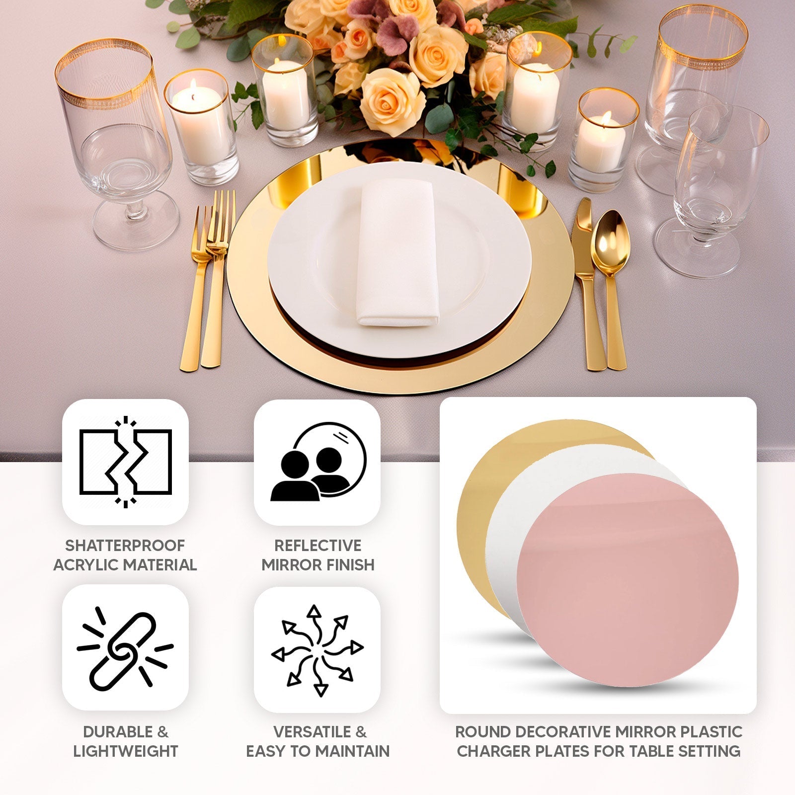 10 - Pack Dining Plate Chargers Decorative Acrylic Mirror Gold Round - Lightweight Event Display 13" - Bell Racket Store
