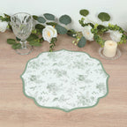 10 Pack Disposable Charger Plates White with Sage Green French Toile Pattern, 13" Cardboard Paper Placemats with Scalloped Rim - Bell Racket Store