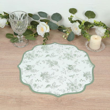 10 Pack Disposable Charger Plates White with Sage Green French Toile Pattern, 13" Cardboard Paper Placemats with Scalloped Rim - Bell Racket Store