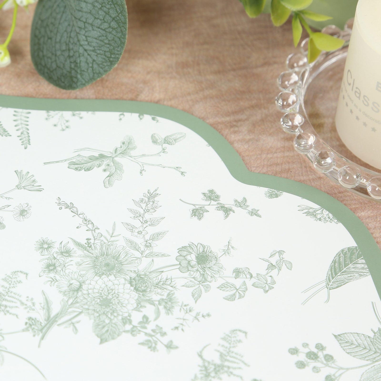 10 Pack Disposable Charger Plates White with Sage Green French Toile Pattern, 13" Cardboard Paper Placemats with Scalloped Rim - Bell Racket Store
