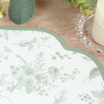 10 Pack Disposable Charger Plates White with Sage Green French Toile Pattern, 13" Cardboard Paper Placemats with Scalloped Rim - Bell Racket Store