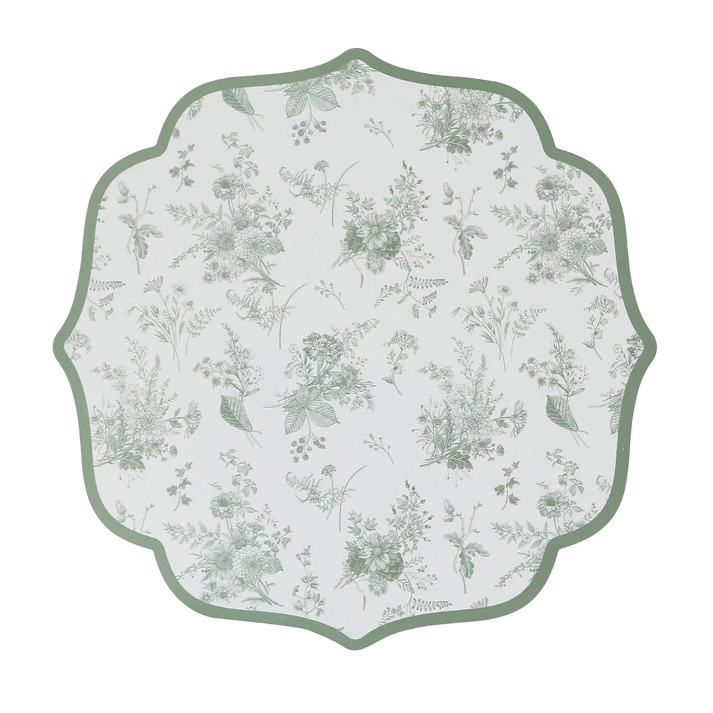 10 Pack Disposable Charger Plates White with Sage Green French Toile Pattern, 13" Cardboard Paper Placemats with Scalloped Rim - Bell Racket Store