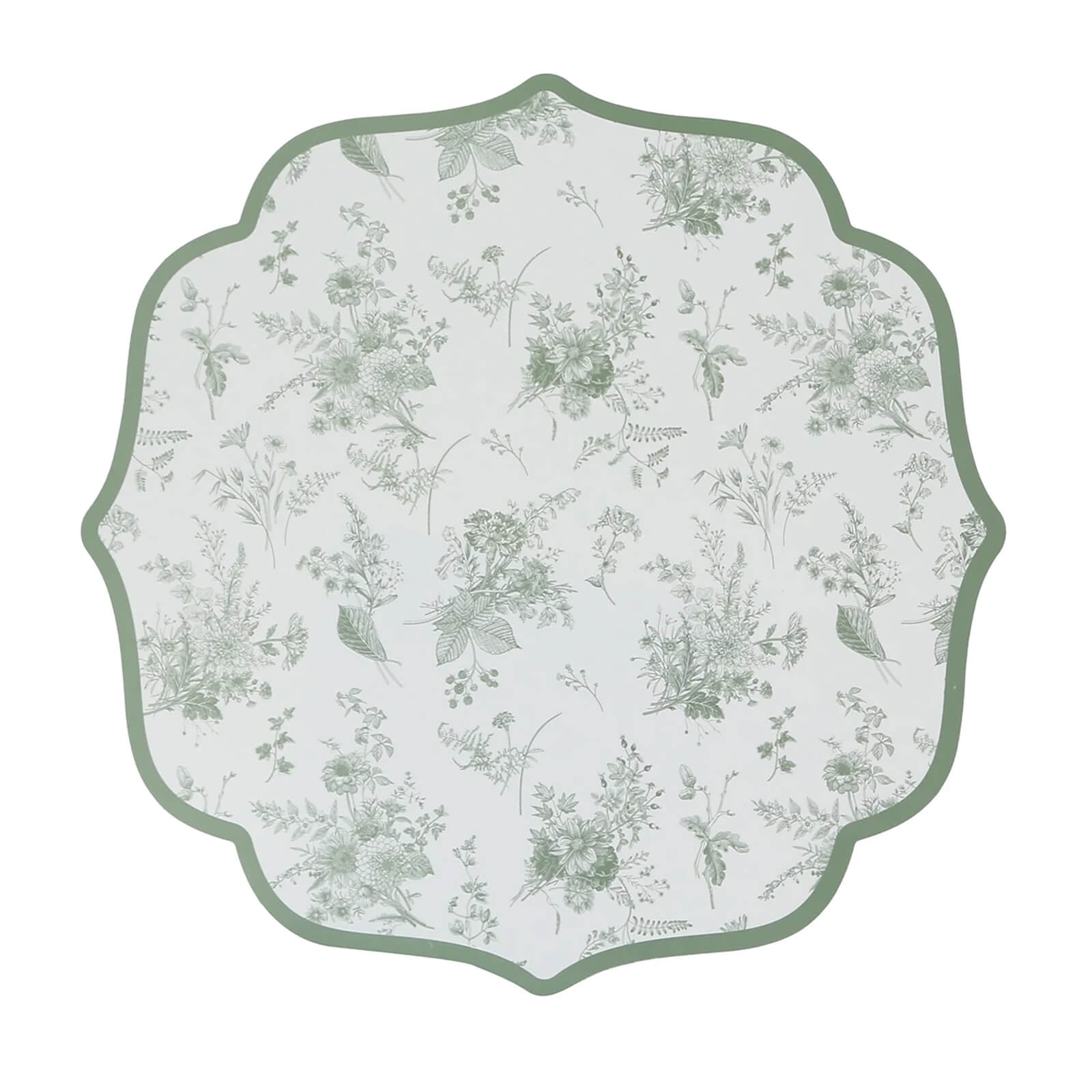 10 Pack Disposable Charger Plates White with Sage Green French Toile Pattern, 13" Cardboard Paper Placemats with Scalloped Rim - Bell Racket Store