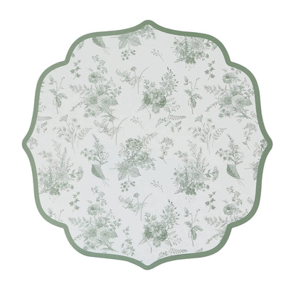 10 Pack Disposable Charger Plates White with Sage Green French Toile Pattern, 13" Cardboard Paper Placemats with Scalloped Rim - Bell Racket Store