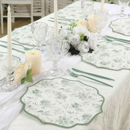 10 Pack Disposable Charger Plates White with Sage Green French Toile Pattern, 13" Cardboard Paper Placemats with Scalloped Rim - Bell Racket Store
