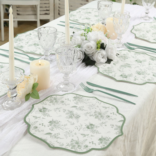 10 Pack Disposable Charger Plates White with Sage Green French Toile Pattern, 13" Cardboard Paper Placemats with Scalloped Rim - Bell Racket Store