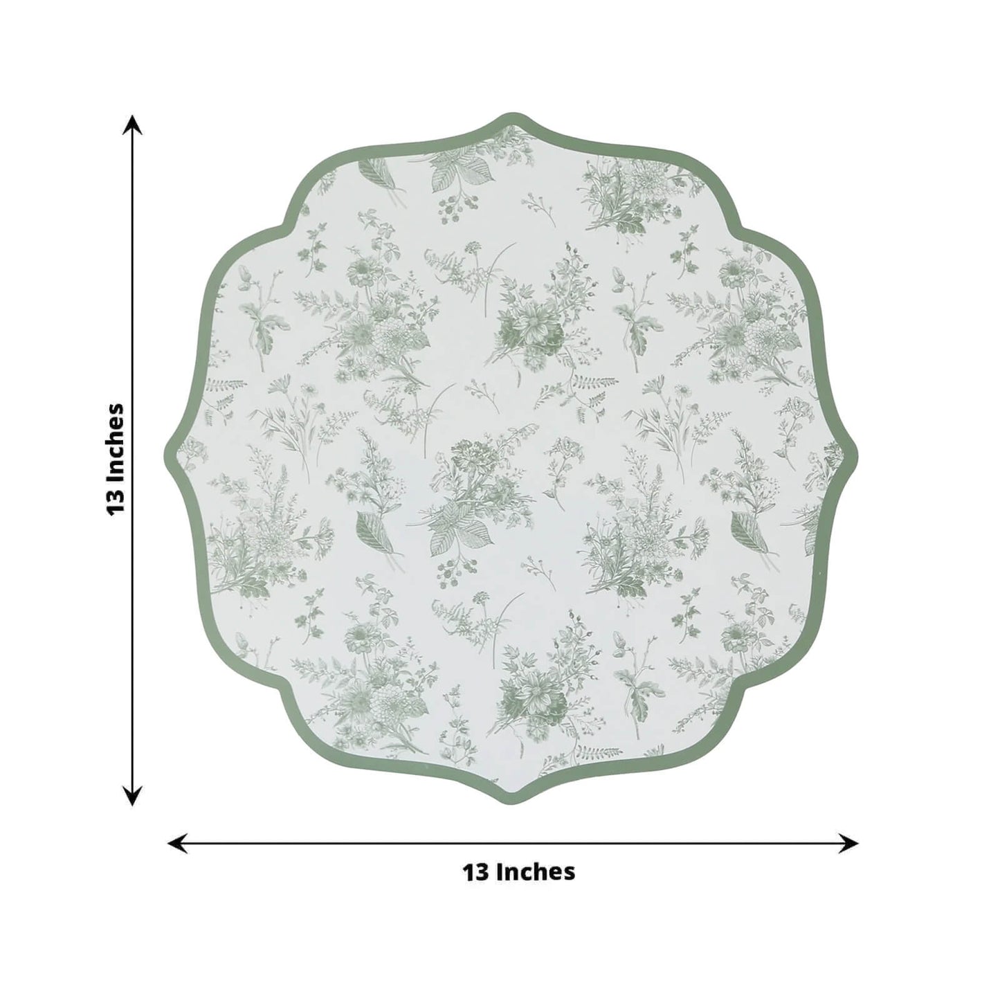 10 Pack Disposable Charger Plates White with Sage Green French Toile Pattern, 13" Cardboard Paper Placemats with Scalloped Rim - Bell Racket Store