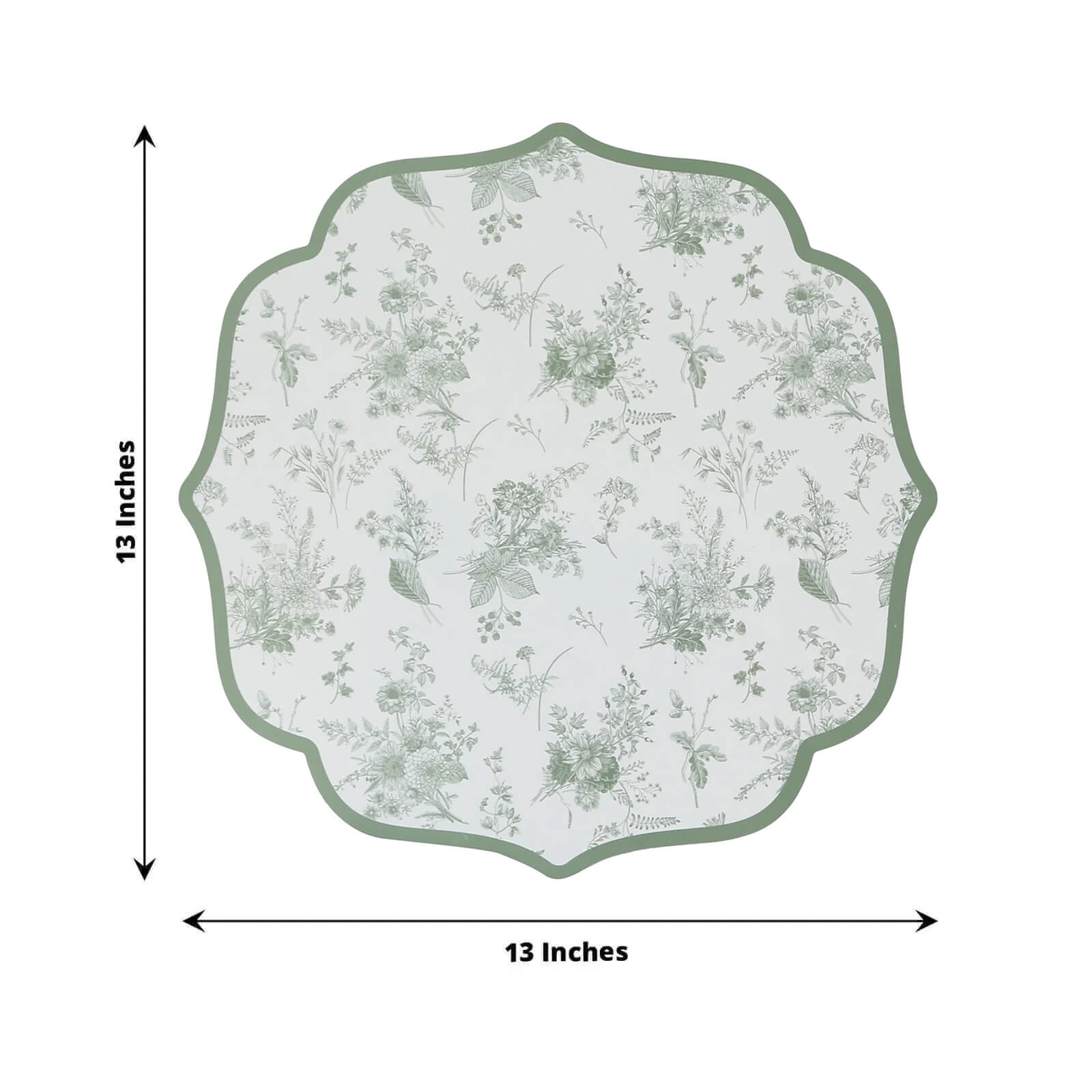 10 Pack Disposable Charger Plates White with Sage Green French Toile Pattern, 13" Cardboard Paper Placemats with Scalloped Rim - Bell Racket Store