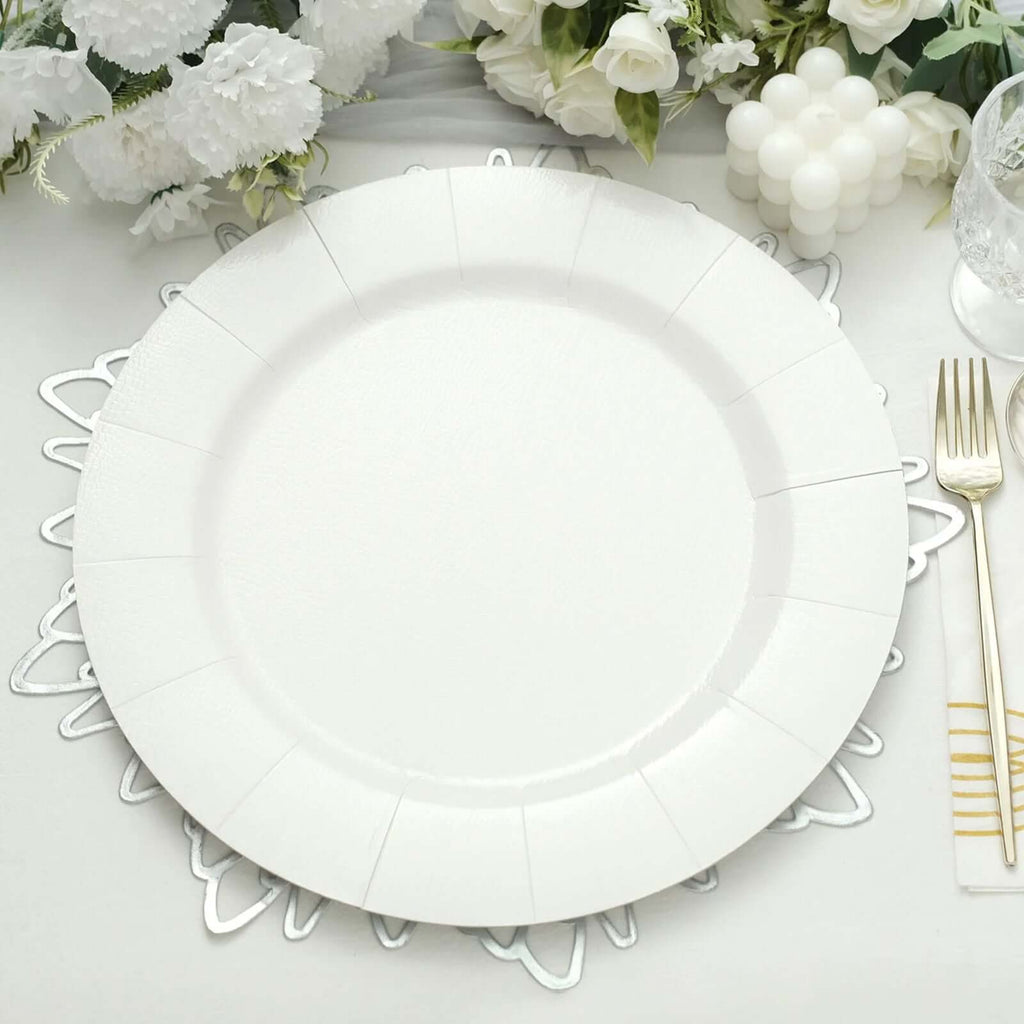 10 - Pack Disposable Round Charger Plates in White with Leathery Texture - Durable 1100GSM Cardboard Placemats for Dinner Parties & Banquets 13" - Bell Racket Store