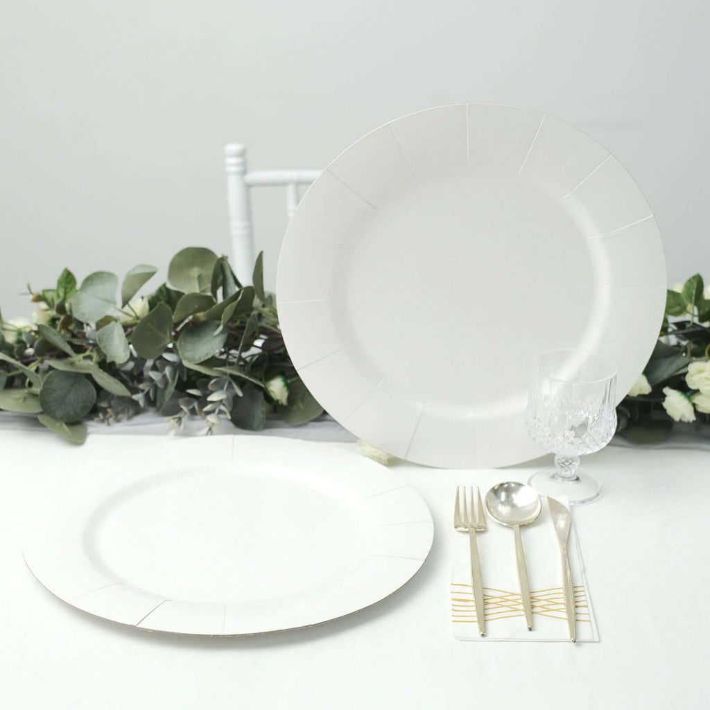 10 - Pack Disposable Round Charger Plates in White with Leathery Texture - Durable 1100GSM Cardboard Placemats for Dinner Parties & Banquets 13" - Bell Racket Store