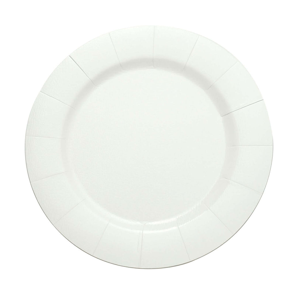 10 - Pack Disposable Round Charger Plates in White with Leathery Texture - Durable 1100GSM Cardboard Placemats for Dinner Parties & Banquets 13" - Bell Racket Store