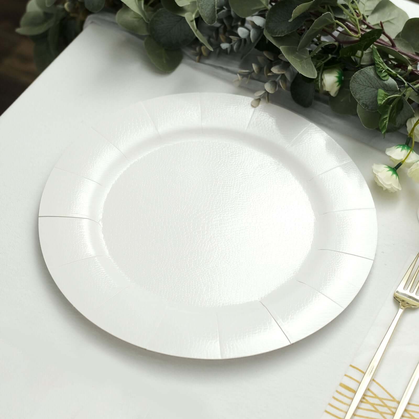10 - Pack Disposable Round Charger Plates in White with Leathery Texture - Durable 1100GSM Cardboard Placemats for Dinner Parties & Banquets 13" - Bell Racket Store