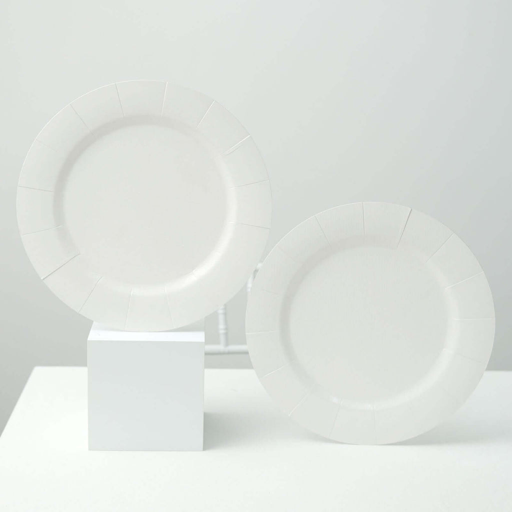 10 - Pack Disposable Round Charger Plates in White with Leathery Texture - Durable 1100GSM Cardboard Placemats for Dinner Parties & Banquets 13" - Bell Racket Store