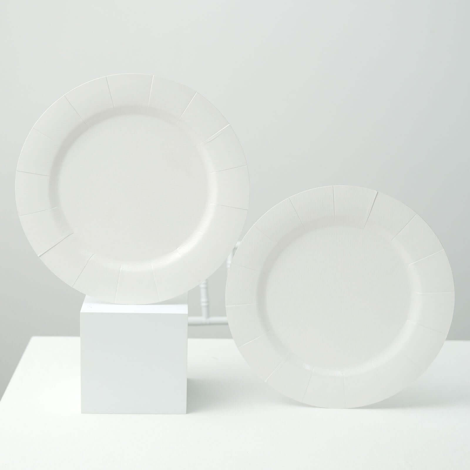 10 - Pack Disposable Round Charger Plates in White with Leathery Texture - Durable 1100GSM Cardboard Placemats for Dinner Parties & Banquets 13" - Bell Racket Store