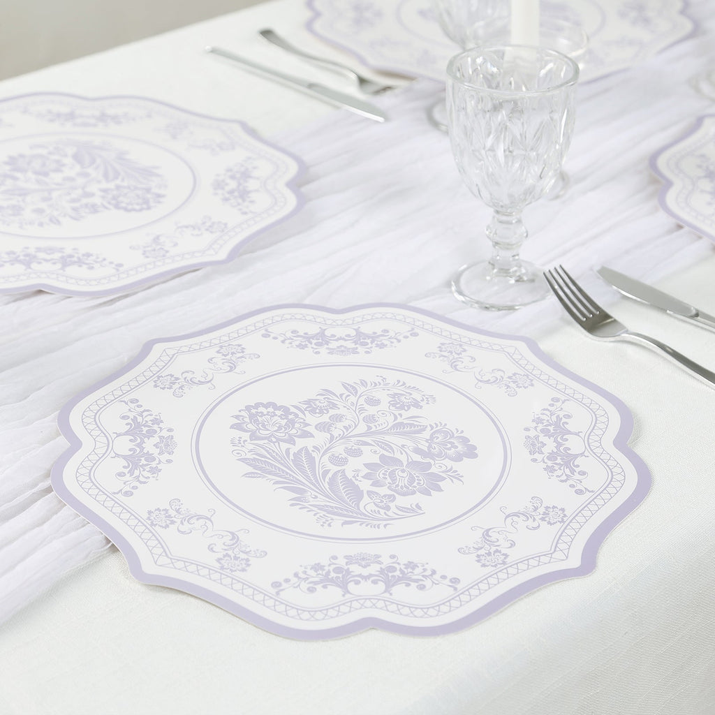 10 - Pack Disposable Table Placemats 13" Round Placemats in White with Lavender Damask Floral Pattern & Scalloped Rim - 400GSM Cardboard Placemats for Stylish Table Setting - Bell Racket Store