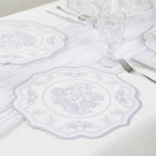 10 - Pack Disposable Table Placemats 13" Round Placemats in White with Lavender Damask Floral Pattern & Scalloped Rim - 400GSM Cardboard Placemats for Stylish Table Setting - Bell Racket Store