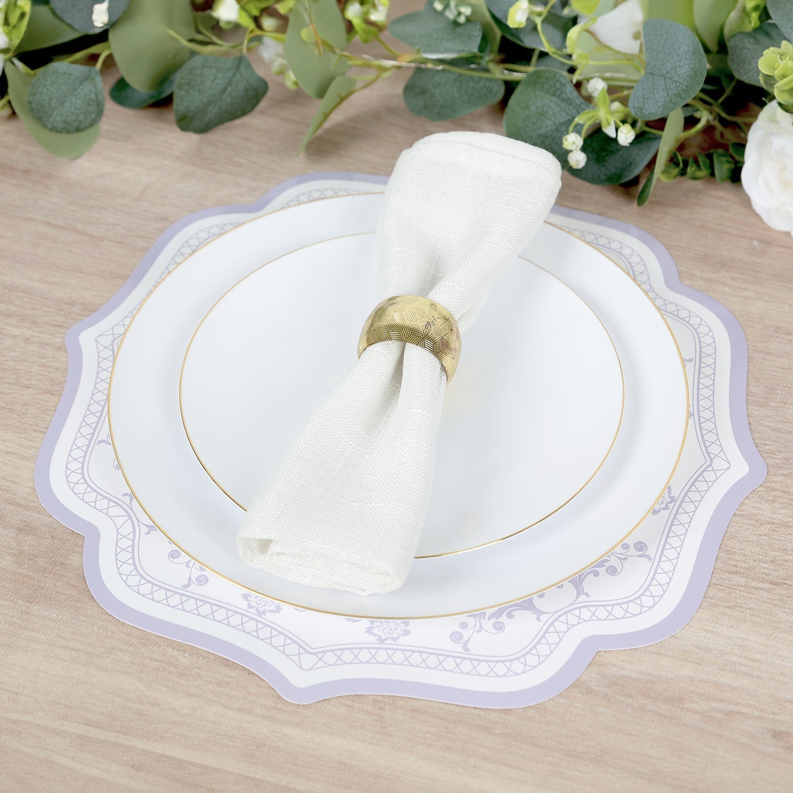 10 - Pack Disposable Table Placemats 13" Round Placemats in White with Lavender Damask Floral Pattern & Scalloped Rim - 400GSM Cardboard Placemats for Stylish Table Setting - Bell Racket Store