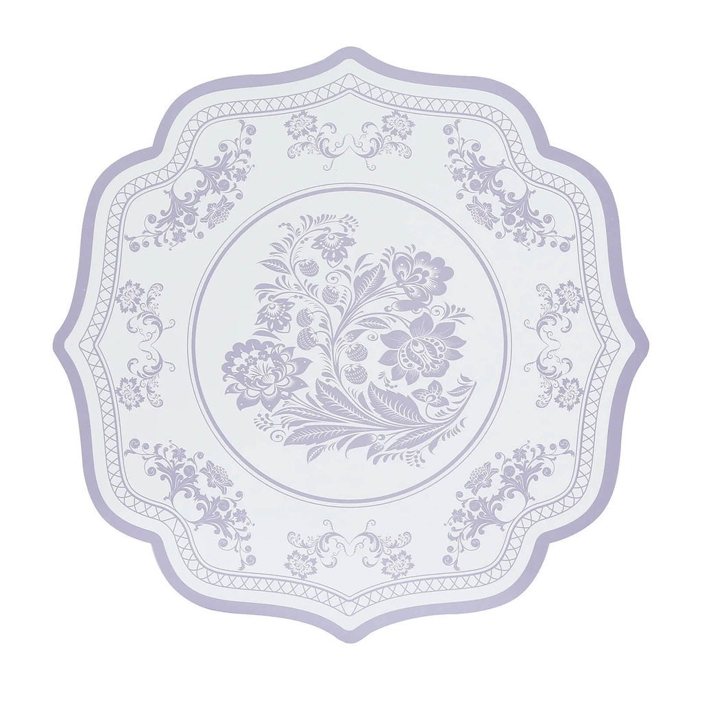 10 - Pack Disposable Table Placemats 13" Round Placemats in White with Lavender Damask Floral Pattern & Scalloped Rim - 400GSM Cardboard Placemats for Stylish Table Setting - Bell Racket Store